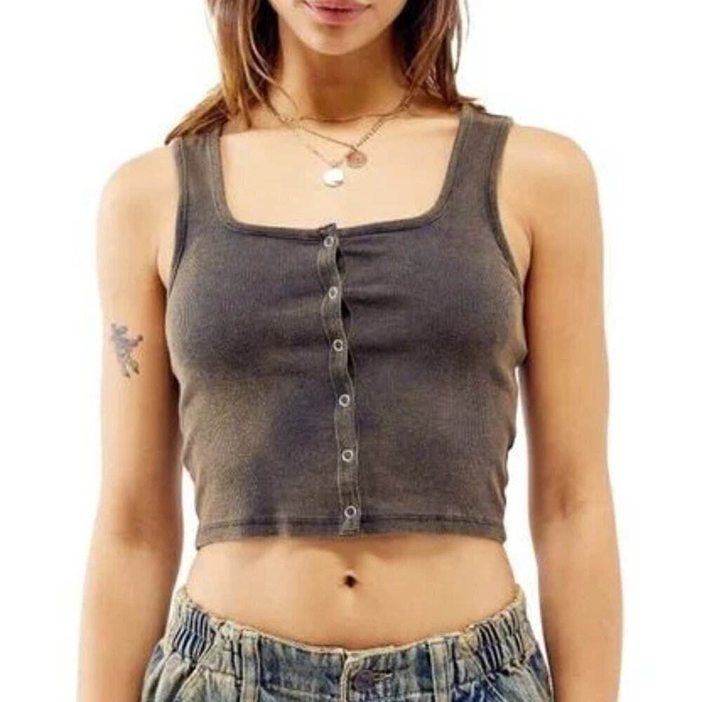 BDG Brown Cropped Tank Top Size XL Ribbed Squareneck Soft Cotton Snap NWT